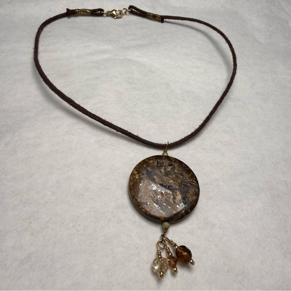 14.5” Choker Brown Cord Necklace with Stone Pendant